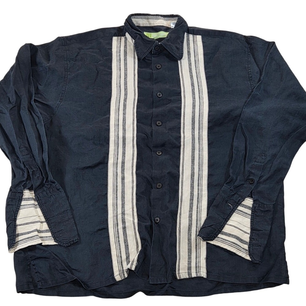 MAXINI Black 100% Linen Long Sleeve Button Up Shirt‎ Striped French Cuff Mens XL